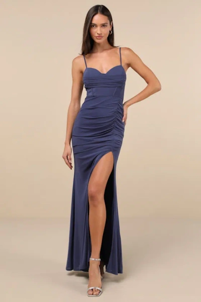 Lulus Flirty Composure Slate Blue Mesh Cowl Bustier Ruched Maxi Dress