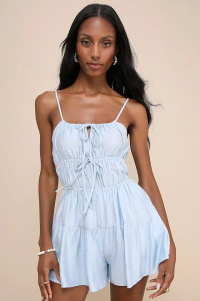 Lulus Flirty Cuteness Light Blue Tiered Sleeveless Bow Romper