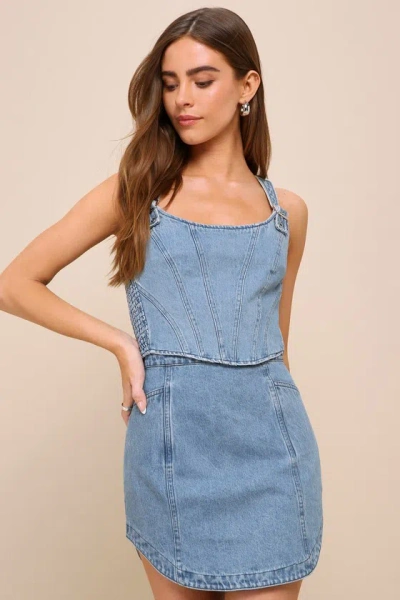 Lulus Flirty Cutie Medium Wash Bustier Two-piece Denim Mini Dress In Blue