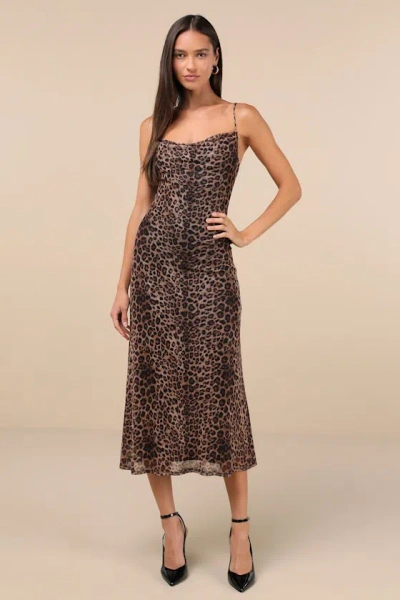 Lulus Flirty Destiny Brown Leopard Print Mesh Cowl Neck Midi Dress