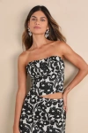 Lulus Flirty Direction Black And Ivory Floral Linen Strapless Top In Black And Ivory