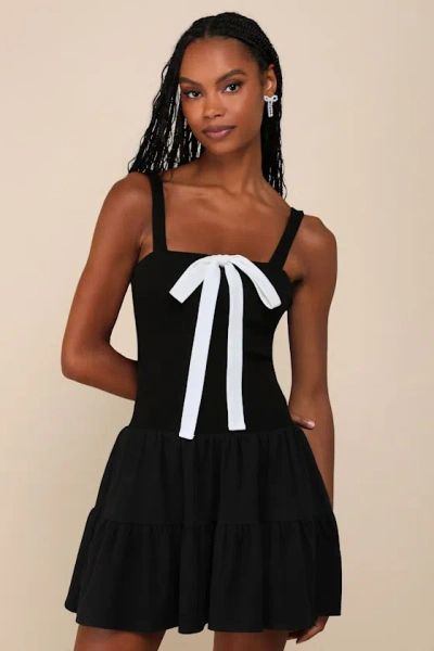 Lulus Flirty Edge Black Ribbed Bow Tiered Mini Dress