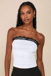 Lulus Flirty Excellence White Mesh Lace Ruched Strapless Top In White