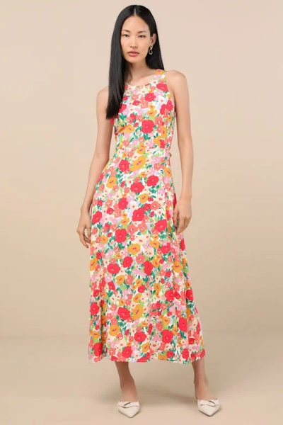 Lulus Flirty Fave White Multi Floral Print Tie-back Midi Dress