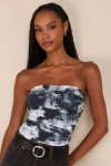 Lulus Flirty Focus Dark Blue Abstract Print Mesh Strapless Crop Top In Dark Blue