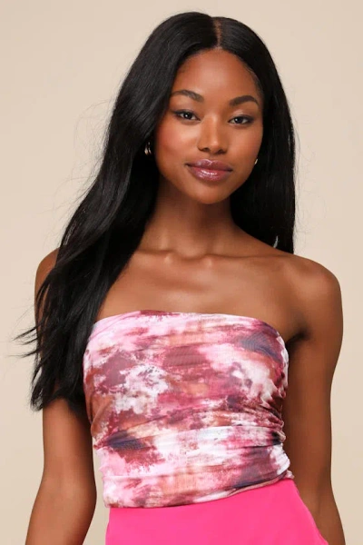 Lulus Flirty Focus Pink Multi Abstract Print Mesh Strapless Crop Top