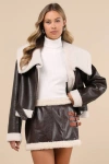 Lulus Flirty In Fall Dark Brown Vegan Leather Faux Fur Mini Skirt In Brown