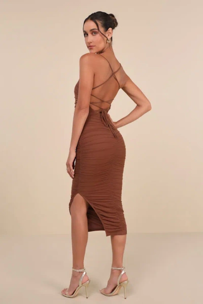 Lulus Flirty Instinct Brown Mesh Ruched Lace-up Bodycon Midi Dress