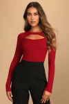 Lulus Flirty Little Secret Wine Red Ribbed Cutout Long Sleeve Top In Wine Red