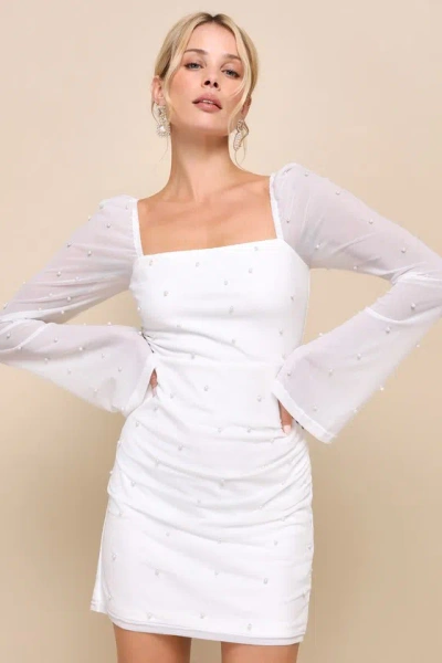 Lulus Flirty Luxury Ivory Mesh Pearl Long Sleeve Mini Dress