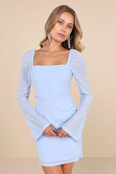 Lulus Flirty Luxury Light Blue Mesh Pearl Long Sleeve Mini Dress
