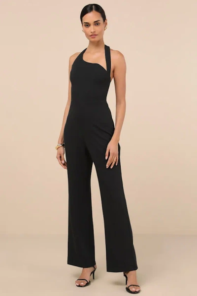 Lulus Flirty Outing Black Asymmetrical Halter Jumpsuit
