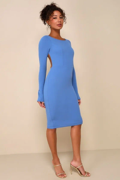 Lulus Flirty Perspective Blue Long Sleeve Cutout Bodycon Midi Dress