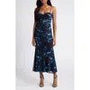 Lulus Flirty Phenomena Black Floral Mesh Drop Waist Maxi Dress In Black/blue