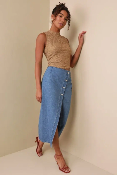 Lulus Flirty Pick Medium Wash High-rise Denim Midi Skirt In Blue