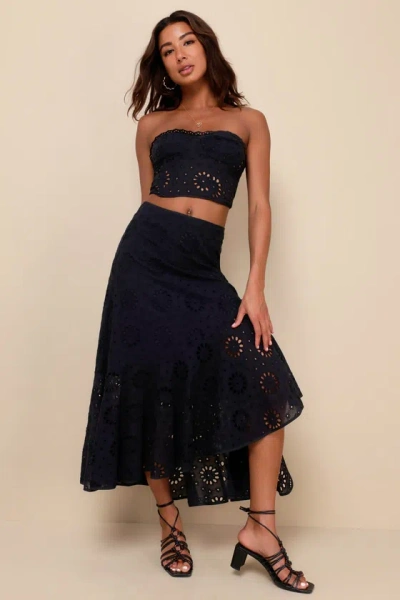 Lulus Flirty Praise Black Eyelet Asymmetrical Tiered Midi Skirt