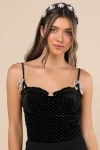 Lulus Flirty Shimmer Black Velvet Polka Dot Rhinestone Bow Bustier Top In Black