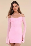Lulus Flirty Silhouette Light Pink Mesh Long Sleeve Halter Mini Dress In Light Pink