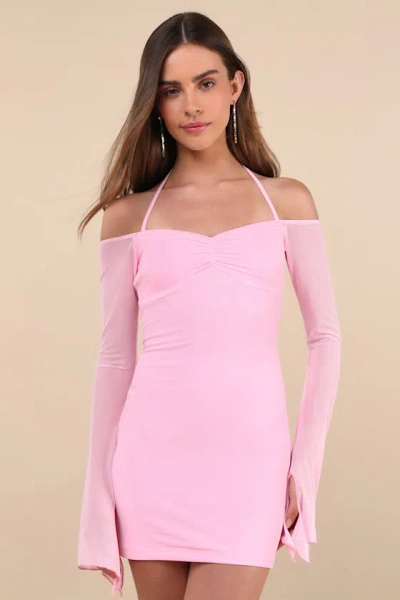 Lulus Flirty Silhouette Light Pink Mesh Long Sleeve Halter Mini Dress