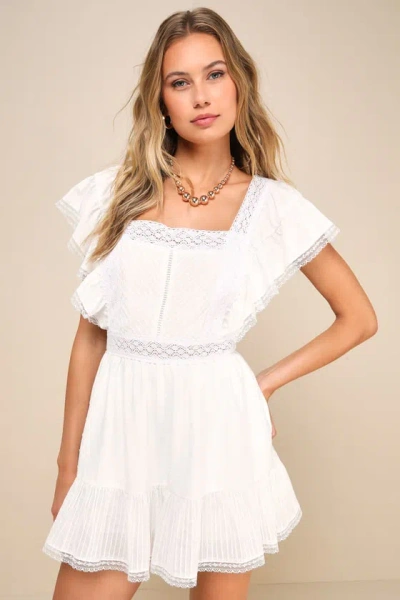 Lulus Flirty Sweetheart White Clip Dot Lace Flutter Sleeve Romper