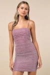 Lulus Flirty Vibes Mauve Purple Sparkly Ruched Bodycon Mini Dress In Mauve