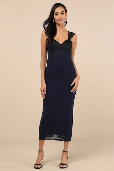 Lulus Flirty Whimsy Navy And Black Mesh Midi Dress