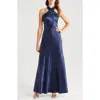 Lulus Classy Personality Navy Blue Satin Jacquard Halter Maxi Dress In Navy