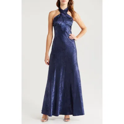 Lulus Classy Personality Navy Blue Satin Jacquard Halter Maxi Dress