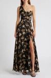 Lulus Floral One-shoulder Gown In Black/beige/taupe