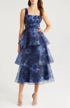 Lulus Dramatic Glamour Navy Blue Floral Organza Tiered Midi Dress In Navy/blue/white