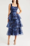 Lulus Dramatic Glamour Navy Blue Floral Organza Tiered Midi Dress In Navy/blue/white