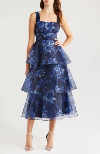 Lulus Dramatic Glamour Navy Blue Floral Organza Tiered Midi Dress