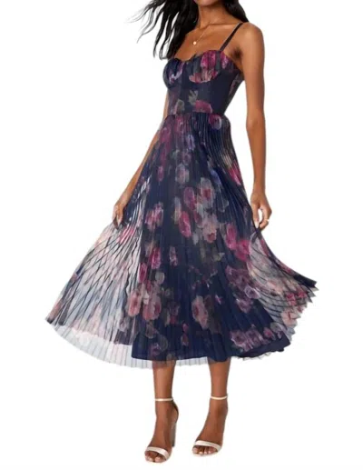 Lulus Alluring Invite Midnight Blue Floral Pleated Bustier Midi Dress