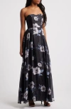 Lulus Regal Status Black Floral Print Strapless Maxi Dress In Black/white/blue