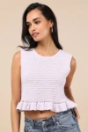 Lulus Flouncin' Around Lavender Cropped Ruffled Sweater Tank In Purple