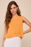 Lulus Flouncin' Around Orange Cropped Ruffled Sweater Tank In Orange