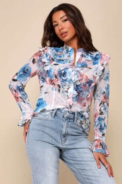 Lulus Flourishing Babe Blue Floral Ruffled Long Sleeve Button-up Top