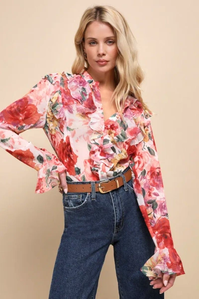 Lulus Flourishing Babe Pink Floral Ruffled Long Sleeve Button-up Top