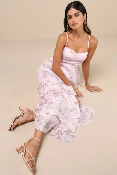 Lulus Flourishing Shine Light Pink Floral Sequin Tiered Maxi Dress
