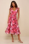 Lulus Flowering Day Dream Magenta Floral Organza Midi Bubble Dress In Magenta