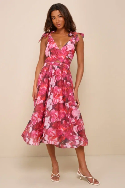 Lulus Flowering Day Dream Magenta Floral Organza Midi Bubble Dress