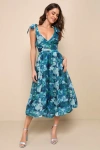 Lulus Flowering Day Dream Teal Blue Floral Organza Midi Bubble Dress In Teal Blue