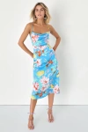 Lulus Flowering Forever Blue Floral Cowl Neck Backless Midi Dress In Blue