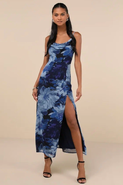 Lulus Flowery Passion Dark Blue Floral Print Cowl Neck Midi Dress
