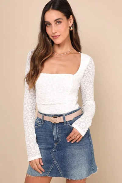 Lulus Forever Angelic White Mesh Lace Ruched Long Sleeve Top