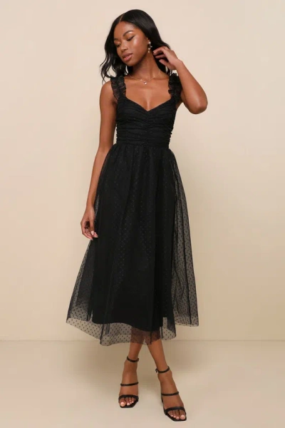 Lulus Forever Celebrated Black Swiss Dot Ruched Tulle Midi Dress