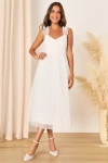 Lulus Forever Celebrated White Swiss Dot Ruched Tulle Midi Dress In White