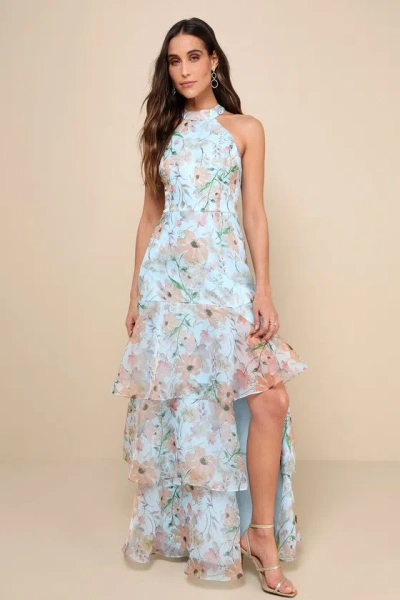Lulus Forever Exceptional Light Blue Floral Halter Organza Maxi Dress