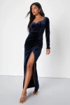 Lulus Forever Sensational Navy Blue Velvet Long Sleeve Maxi Dress In Navy Blue