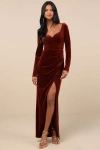 Lulus Forever Sensational Rust Brown Velvet Long Sleeve Maxi Dress In Rust Brown